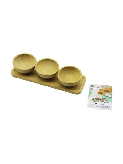 4PCS Çerezlik - Lokumluk Ahşap Bambu Tepsili Kase Seti 30X11CM