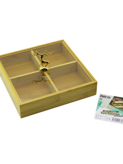 Kare 4 BÖLMELİ=2IN1=BÖLMESİZ Çok Amaçlı Kutu Ahşap Bambu Servis Sunum Tepsi - Tahtası 22X22X5CM