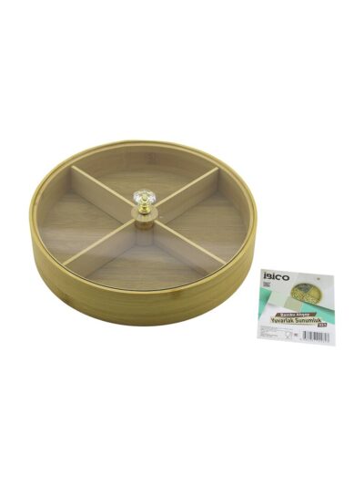 Yuvarlak 4 BÖLMELİ=2IN1=BÖLMESİZ Çok Amaçlı Kutu Ahşap Bambu Servis Sunum Tepsi - Tahtası 22CM