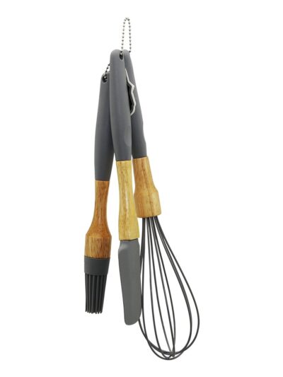 3 Pcs Silikon Çırpıcı - Fırça - Spatula Seti Ahşap Bambu Sap - Silikon Kılıflı
