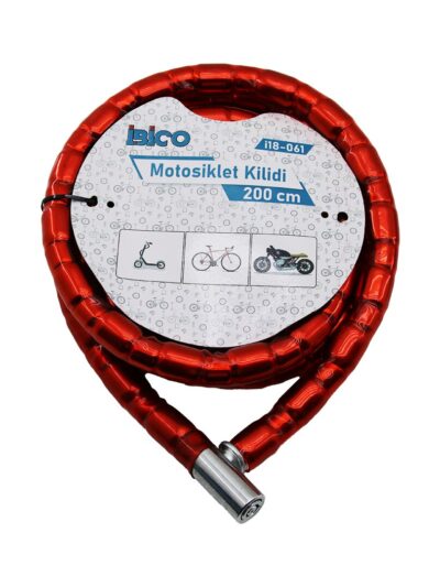 Tüp Anahtarlı Metal Kafa Çelik Motor - Bisiklet Kilit Silindirik Spiral Kilit Kırmızı KILIF22MM X 200CM