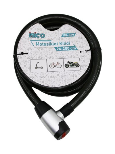 Anahtarlı Metal Kaplama Kafaçek-it Kilit Kapakmotor - Bisiklet Kilit Çelik Telsiyah Şeffaf KILIF24MMX200CM