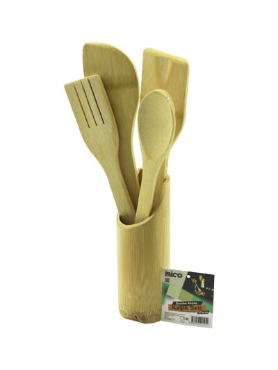 5PCS Ahşap Bambu Mutfak Seti Stand - Kaşık - Çatal - 2 Spatula Fileli