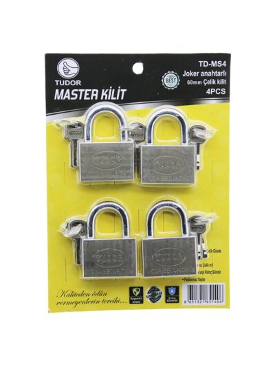 Tudor TD-MS4 Master 4PCS Joker Anahtarlı=tek Anahtarla 4 Kilit Aç 60MM - Gri Kısa Kancalı Çelik Asma Kilit